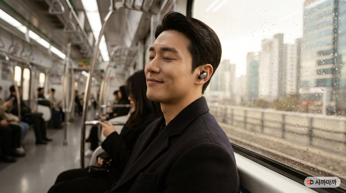 서울 지하철 창가에 앉아 프리미엄 무선 이어버드를 착용하고 편안하게 눈을 감고 음악을 감상하는 30대 초반의 한국인 남성
