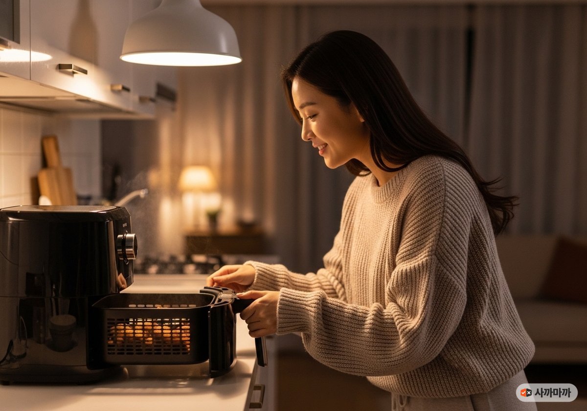 퇴근 후 따뜻한 조명의 주방에서 에어프라이어를 열어 바삭한 음식을 확인하는 여성