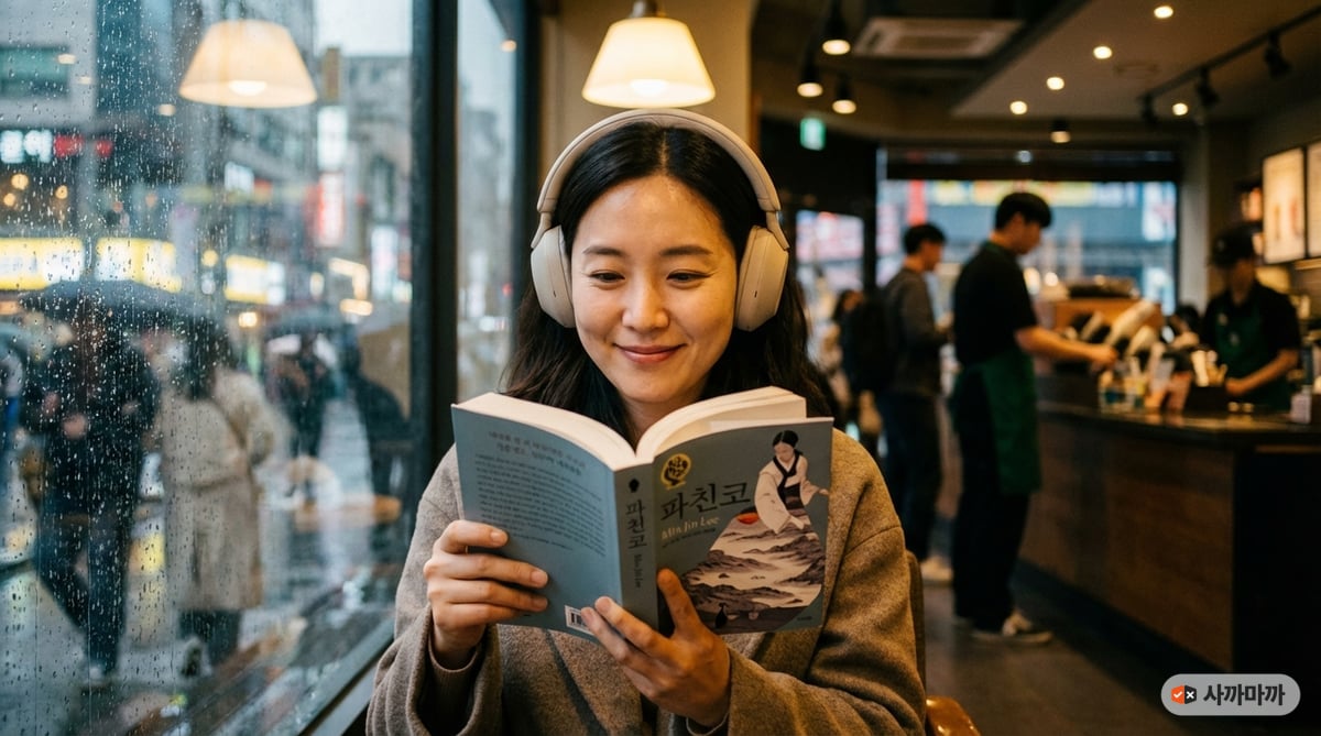 서울 카페에서 노이즈캔슬링 헤드폰을 착용하고 독서에 집중하는 한국인 여성