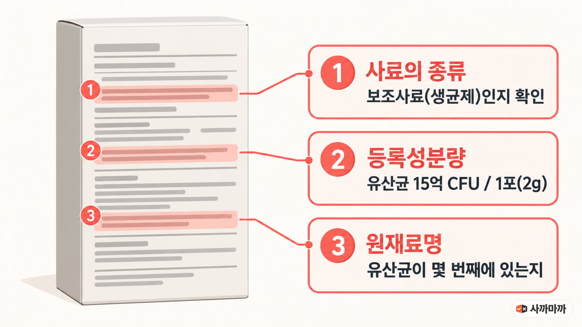 강아지 유산균 상자 뒷면에서 볼 세 줄: 1 사료의 종류 보조사료(생균제)인지 확인, 2 등록성분량 유산균 15억 CFU/1포(2g), 3 원재료명 유산균이 몇 번째에 있는지