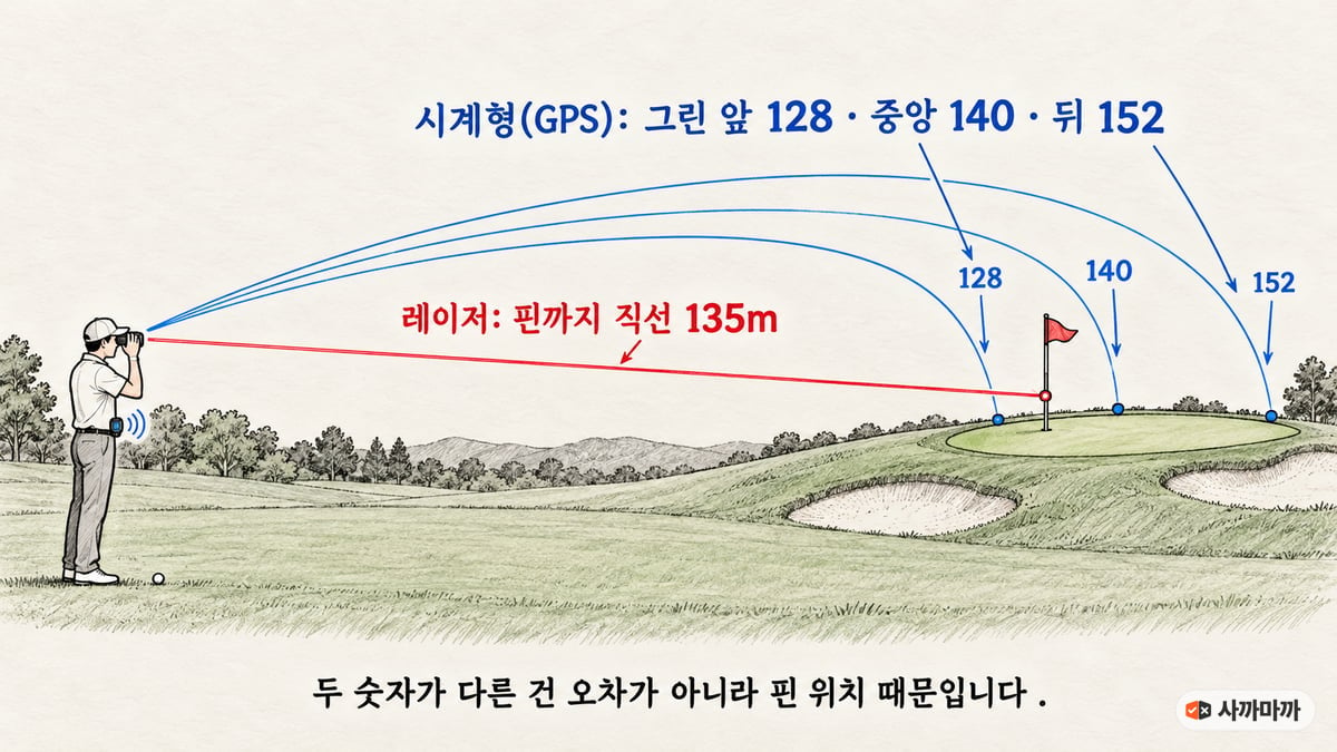레이저는 핀까지 직선 135m를 재고 시계형 GPS는 그린 앞 128·중앙 140·뒤 152를 보여 주는 손그림 설명도