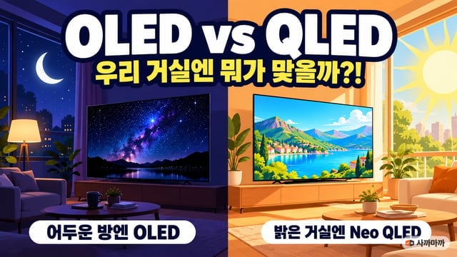 어두운 방의 OLED와 밝은 거실의 Neo QLED를 반씩 나눠 그린 비교 그림