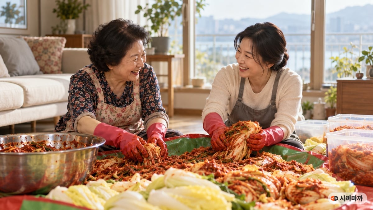 아파트 거실 김장매트 위에서 어머니와 딸이 절인 배추에 김장 양념을 버무리는 모습