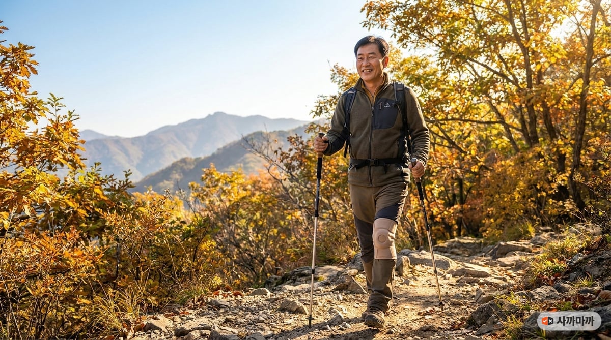 보호대와 스틱을 갖추고 편하게 하산하는 50대 남성