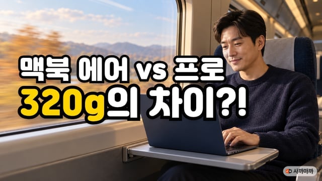 KTX 창가 좌석에서 맥북 에어로 코딩하는 30대 개발자와 '맥북 에어 vs 프로, 320g의 차이?!' 문구