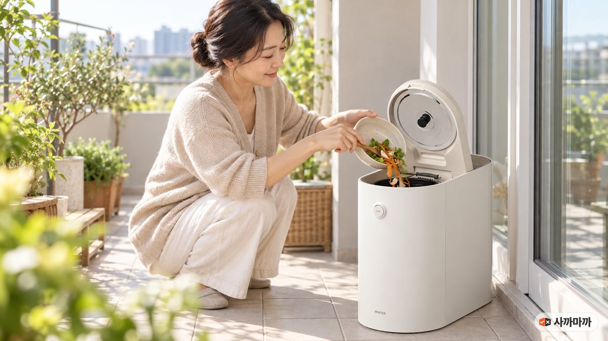 베란다에 둔 미닉스 건조 분쇄 음식물처리기 뚜껑을 열고 채소 껍질을 넣는 40대 한국 여성