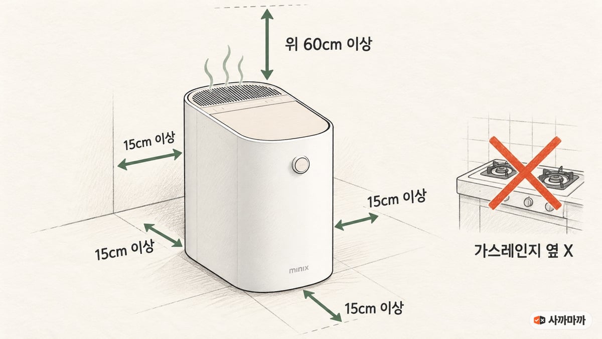 음식물처리기 설치 거리 도해 — 앞·뒤·양옆 15cm 이상, 위 60cm 이상, 가스레인지 옆은 피하기