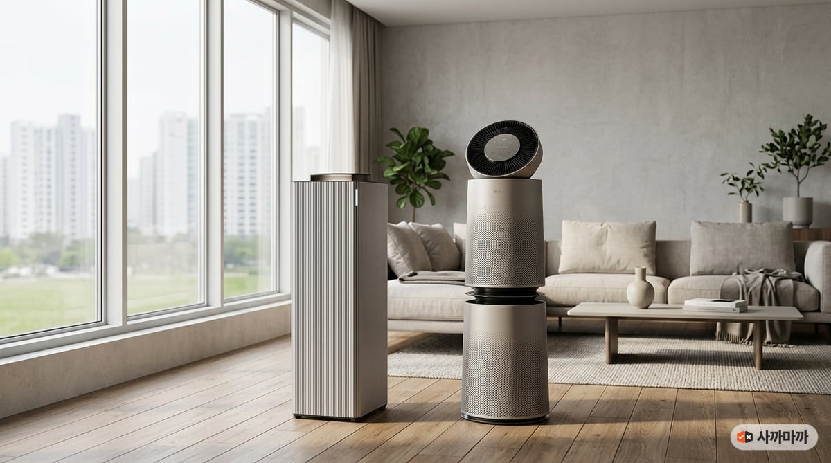 Modern Korean apartment living room with two premium air purifiers side by side for comparison. On t