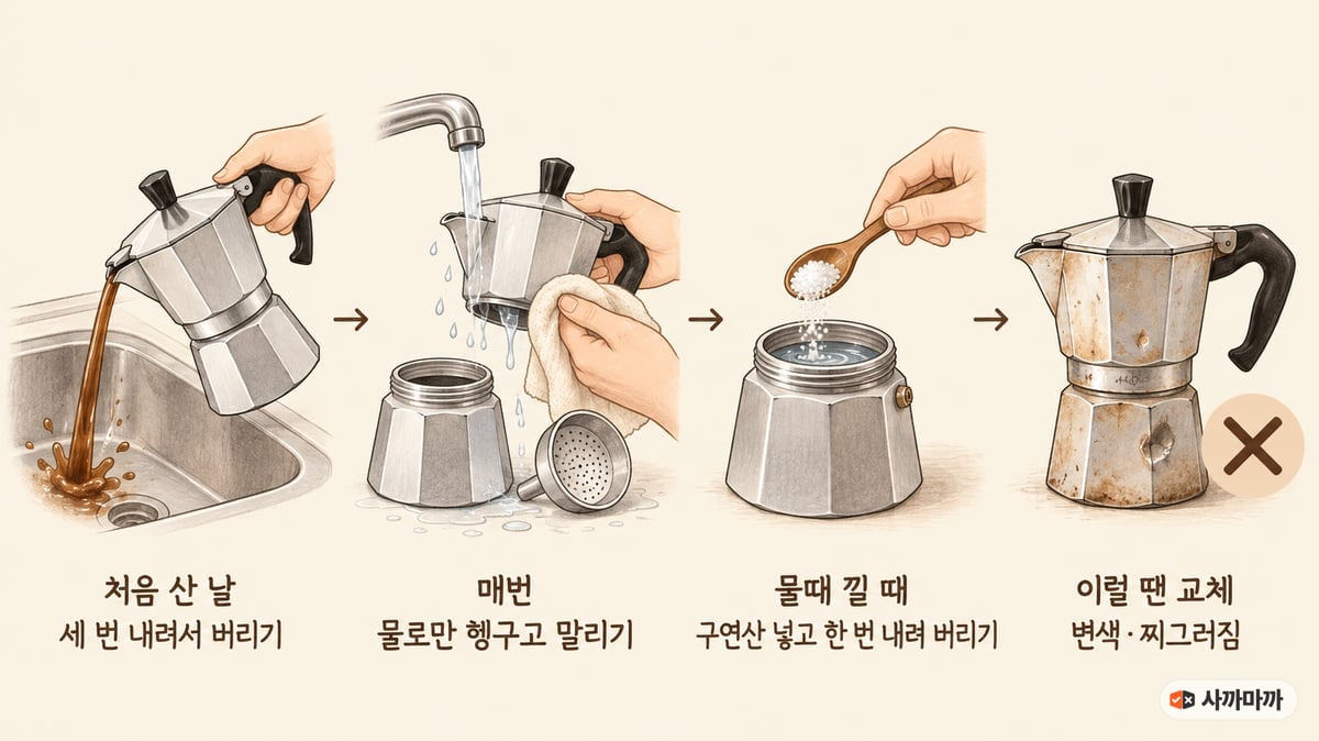 알루미늄 모카포트 관리 4단계 그림. 처음 산 날 세 번 내려서 버리기, 매번 물로만 헹구고 말리기, 물때 낄 때 구연산 넣고 한 번 내려 버리기, 변색·찌그러지면 교체