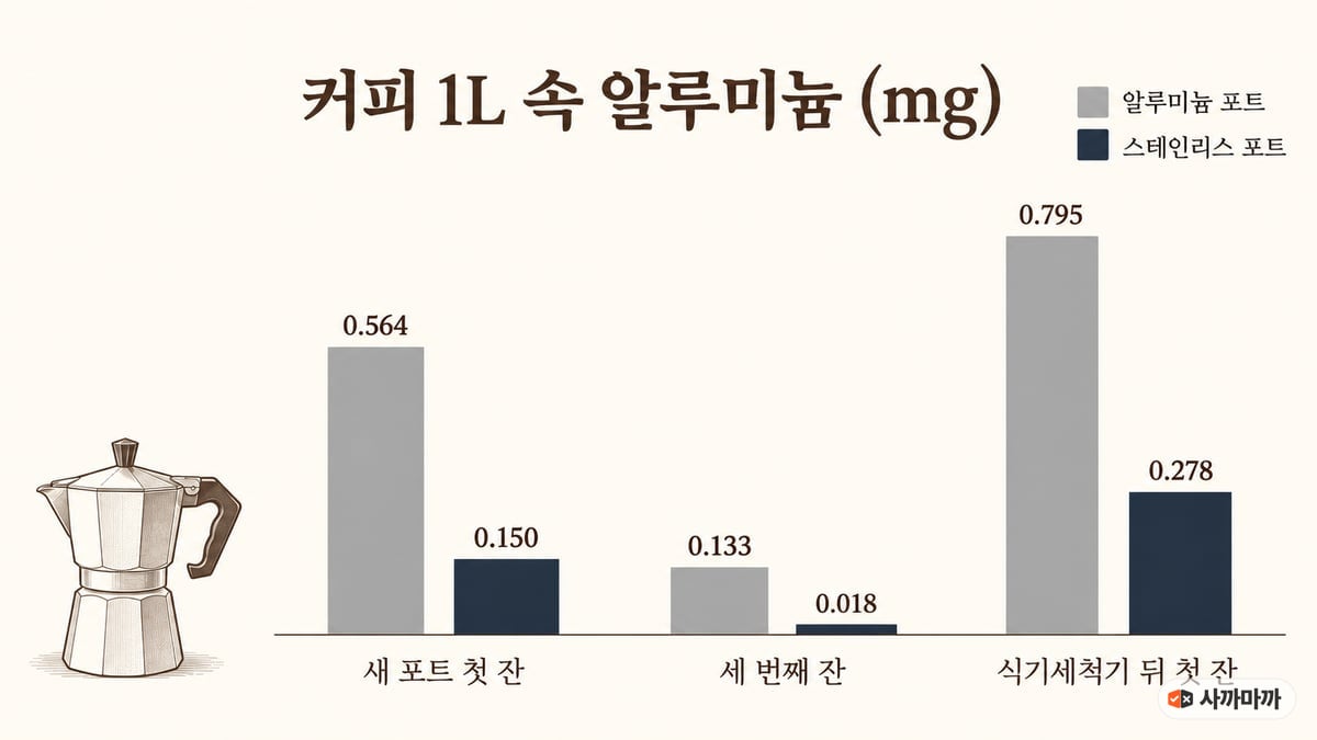 커피 1L 속 알루미늄 비교 막대그래프. 새 포트 첫 잔 알루미늄 포트 0.564mg 스테인리스 0.150mg, 세 번째 잔 0.133mg 대 0.018mg, 식기세척기 뒤 첫 잔 0.795mg 대 0.278mg