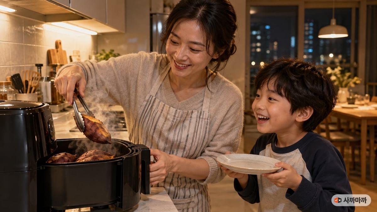 저녁 주방에서 엄마가 에어프라이어에서 군고구마를 집게로 꺼내고 아이가 접시를 들고 기다리며 웃는 모습