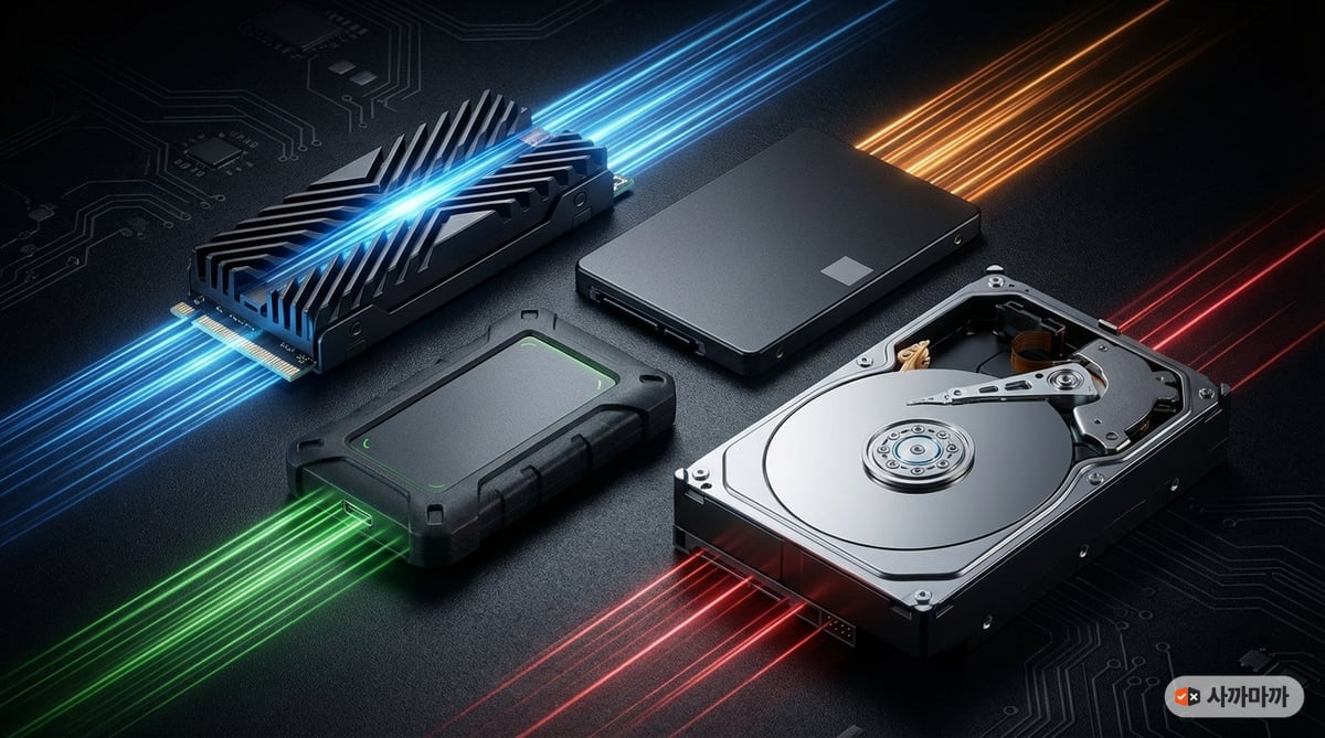 다양한 규격의 SSD와 HDD가 나란히 놓여 있는 저장장치 비교 이미지, 2.5인치 SATA SSD, M.2 NVMe SSD, 기존 HDD가 함께 보인다