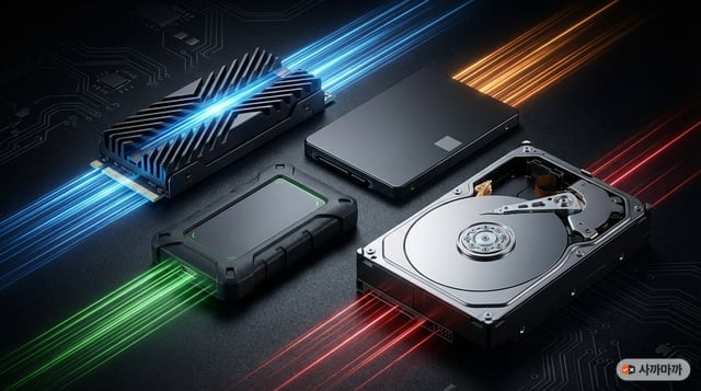 다양한 규격의 SSD와 HDD가 나란히 놓여 있는 저장장치 비교 이미지, 2.5인치 SATA SSD, M.2 NVMe SSD, 기존 HDD가 함께 보인다
