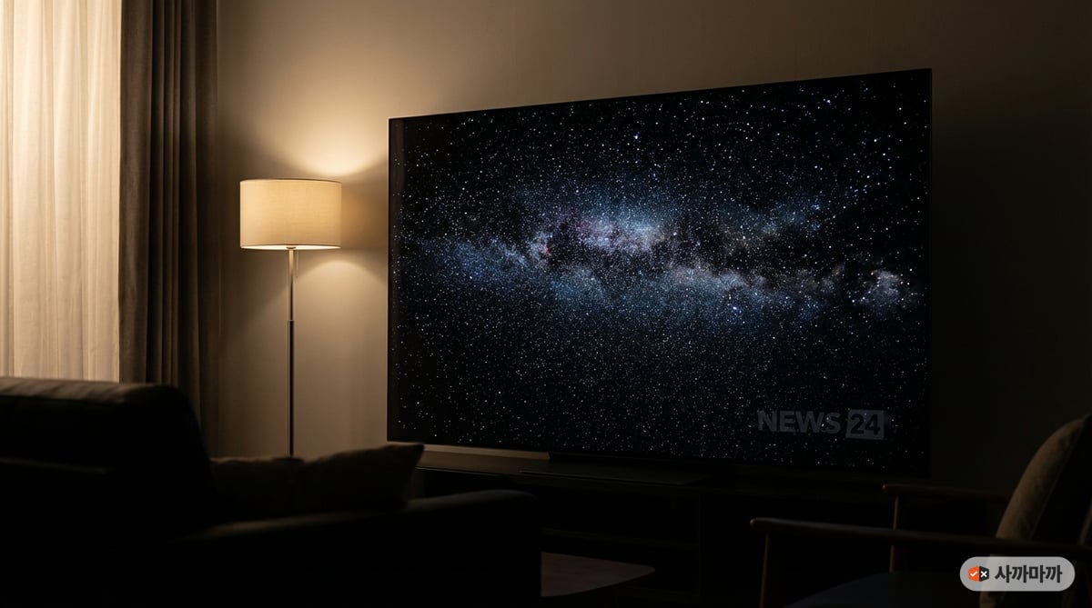 어두운 방에서 은하수를 보여주는 OLED TV 화면, 모서리에 희미하게 보이는 뉴스 채널 로고 번인 현상