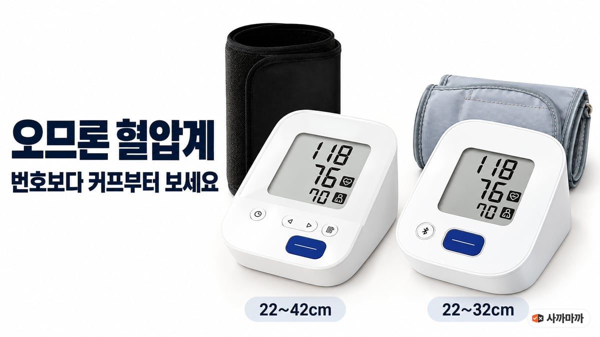 검은 피트커프를 단 오므론 HEM-7156과 회색 연성커프를 단 HEM-7142T2를 나란히 놓고 팔 둘레 22~42cm와 22~32cm를 표시한 비교 이미지