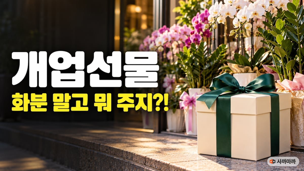 개업 화분이 줄지어 놓인 가게 입구 앞에 초록 리본을 묶은 크림색 선물 상자와 「개업선물 화분 말고 뭐 주지?!」 문구가 적힌 썸네일