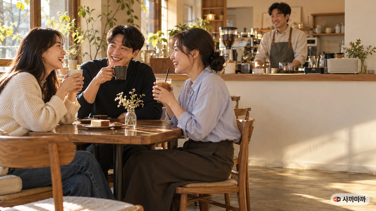 새로 연 동네 카페에서 30대 친구 세 명이 음료를 마시며 웃고 카운터 뒤 사장님이 반갑게 웃는 장면