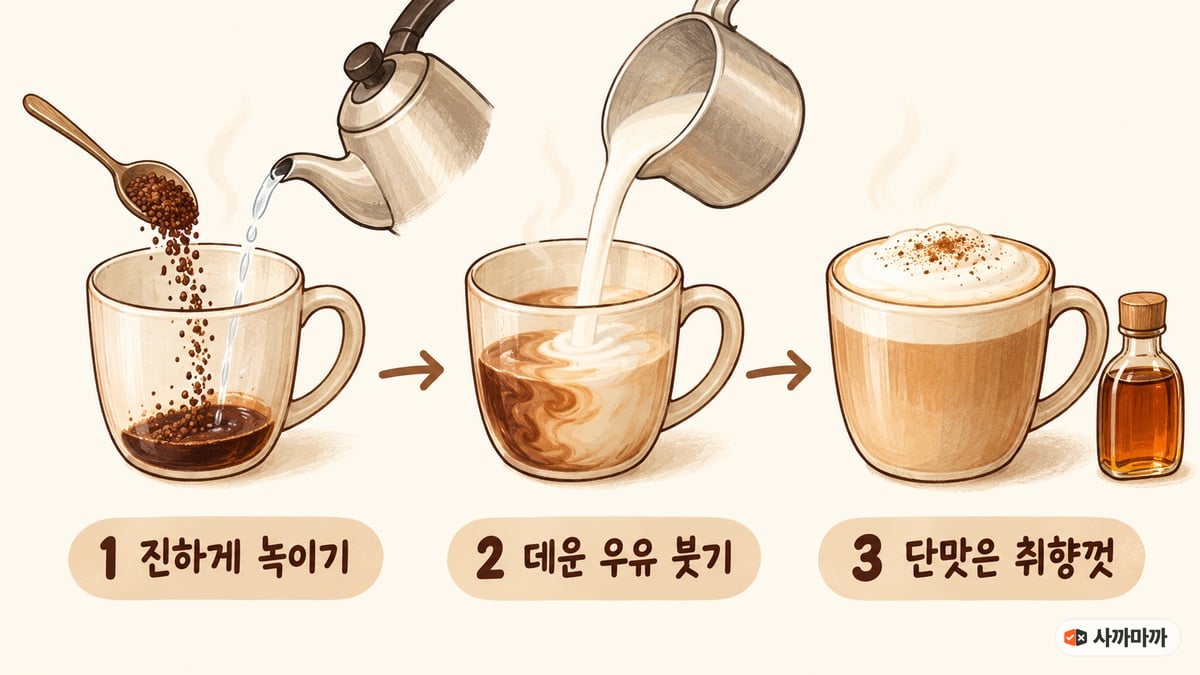 오르조 라떼 만드는 3단계 그림. 1 가루를 뜨거운 물 조금에 진하게 녹이기, 2 데운 우유 붓기, 3 단맛은 취향껏 시럽 추가