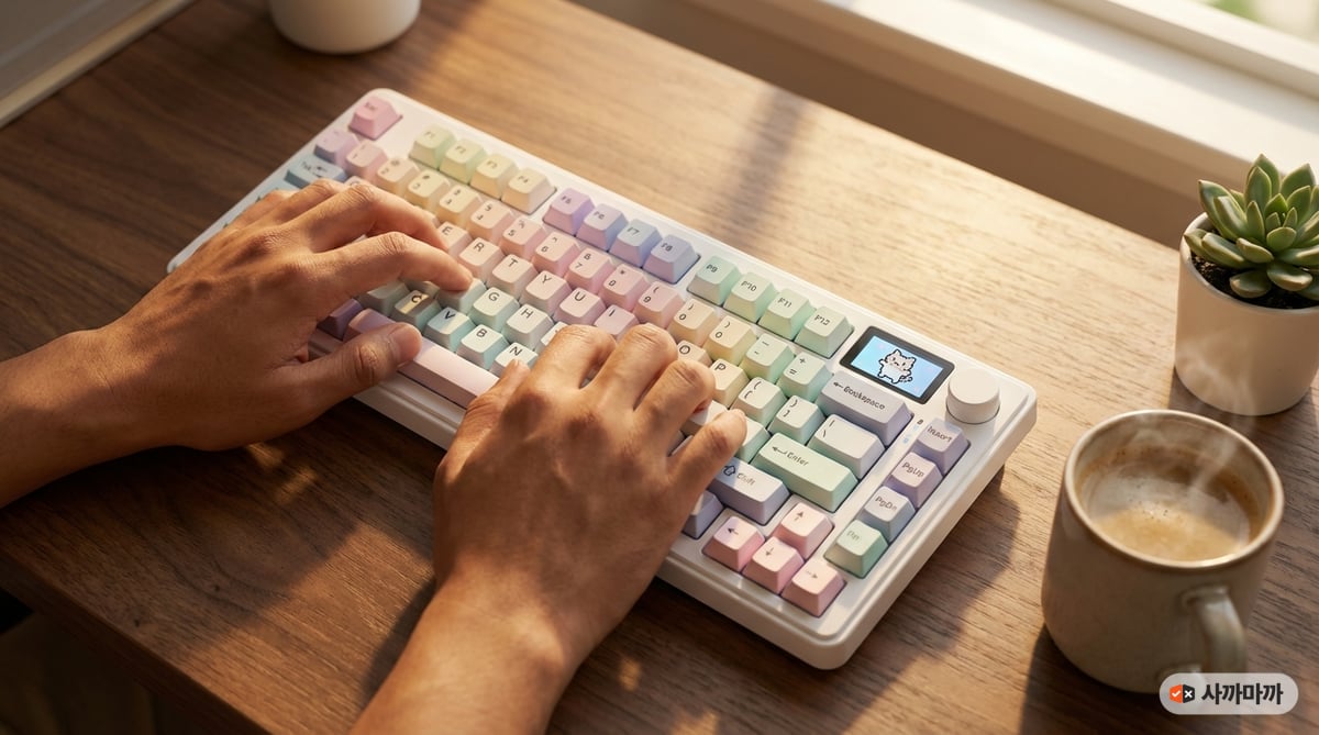 오후 햇살 속 독거미 F108 Pro 데스크 셋업, LCD 애니메이션과 커피