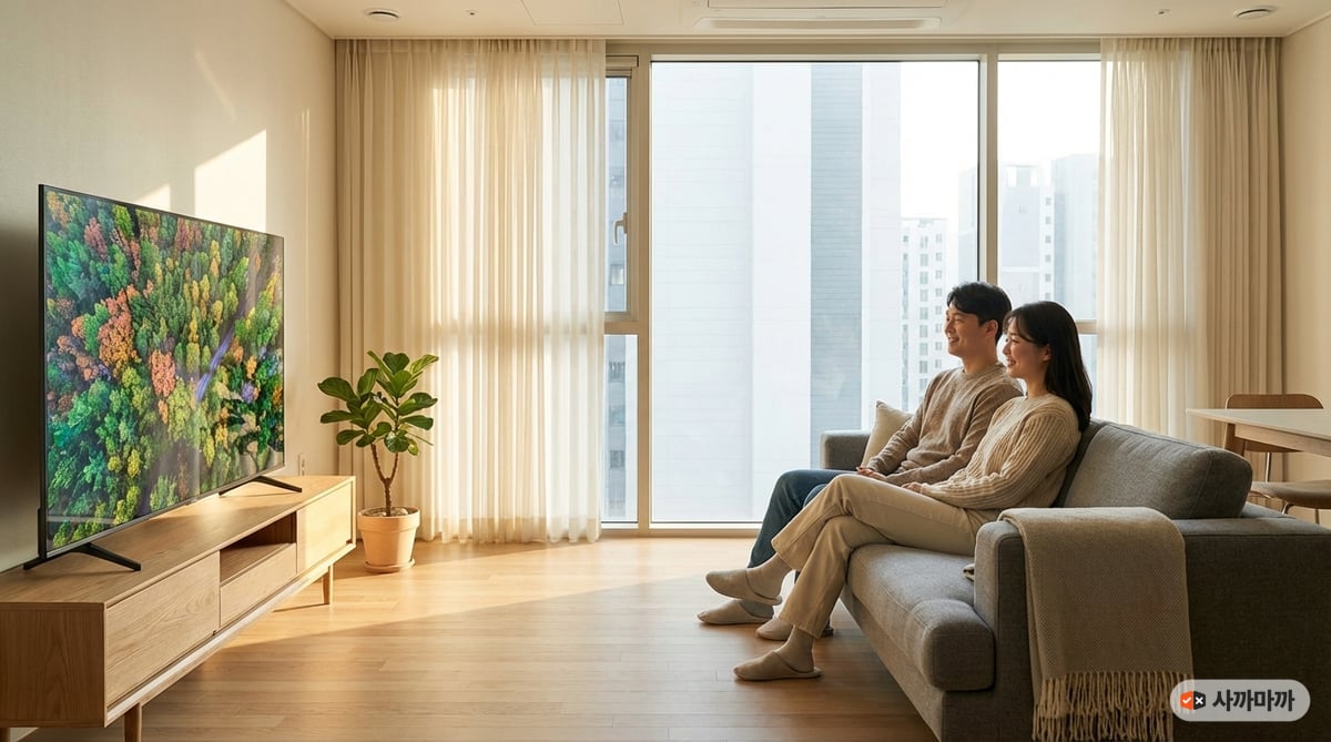 밝은 한국 아파트 거실에 설치된 65인치 TV 시청 장면