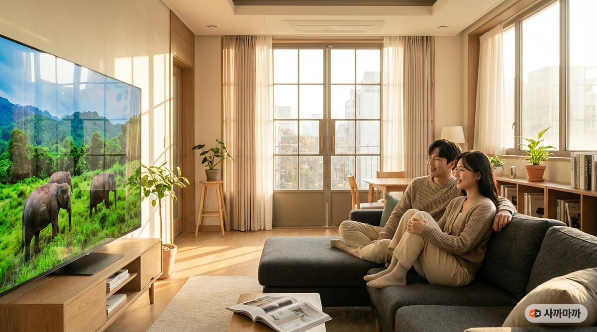 밝은 한국 아파트 거실에서 소파에 앉아 대형 TV로 자연 다큐멘터리를 시청하는 한국인 부부, 오후 햇살이 창문으로 들어오는 모습