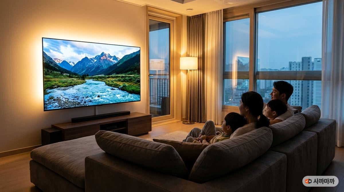 저녁 시간 한국 가정 거실에서 가족이 대형 OLED TV로 영화를 시청하는 모습, 간접조명과 편안한 소파