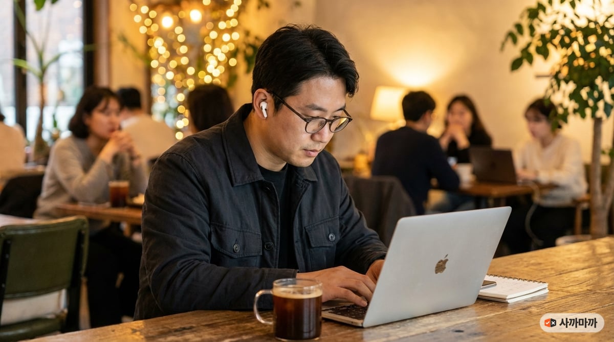 카페에서 무선 이어폰을 착용하고 노트북으로 작업하는 한국 남성