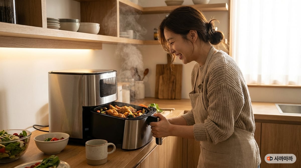 모던 주방에서 에어프라이어를 사용해 바삭한 요리를 만드는 30대 한국 여성