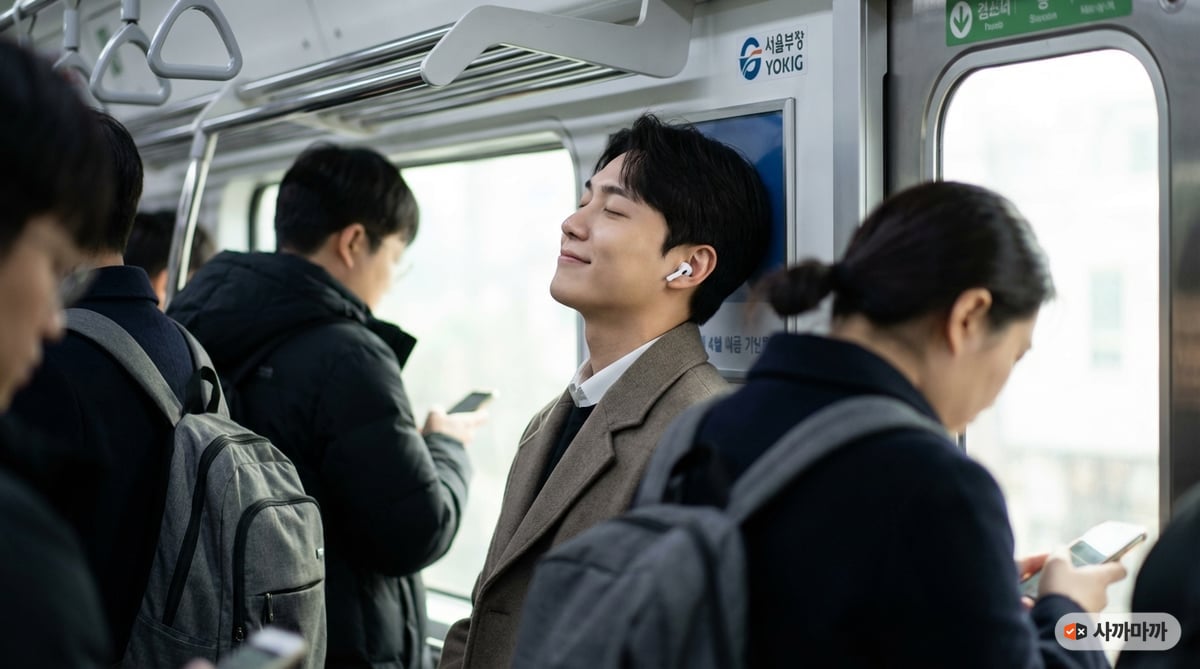 서울 지하철에서 무선 이어버드를 착용하고 눈을 감고 음악을 즐기는 한국인 직장인, 출퇴근길 노이즈캔슬링 사용 모습