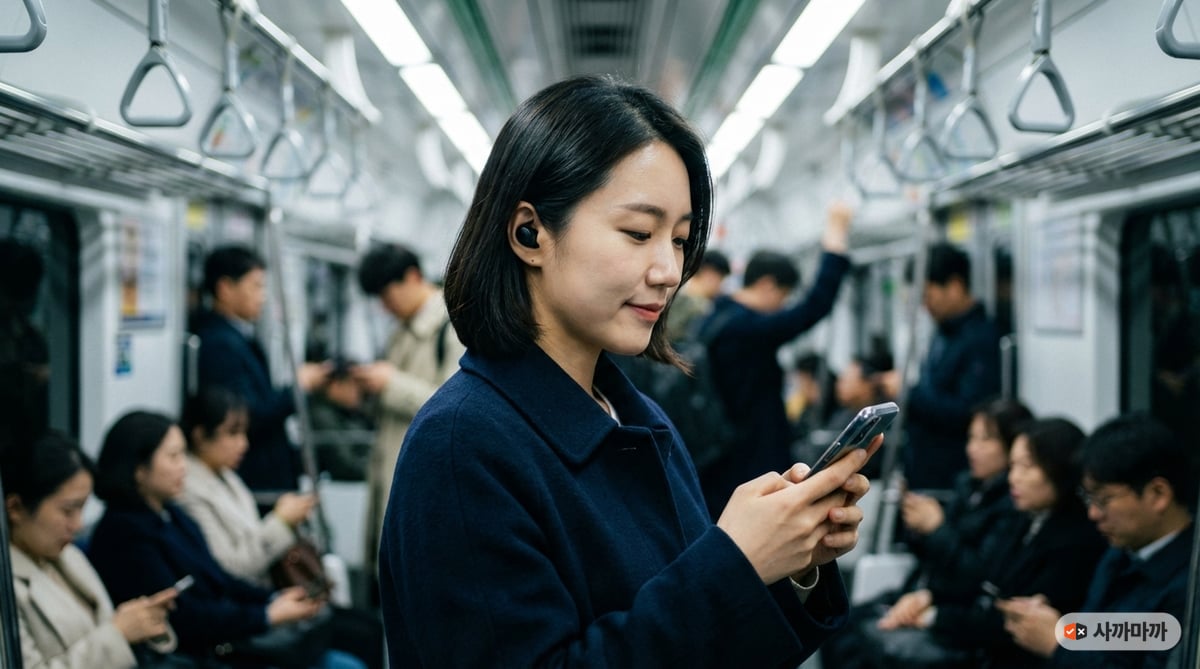 서울 지하철에서 무선 이어폰을 착용하고 출퇴근하는 한국 여성