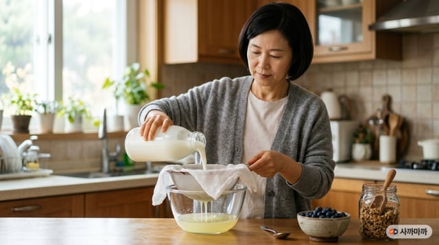면포를 깐 체에 묽은 플레인 요거트를 부어 유청을 거르는 50대 한국 여성
