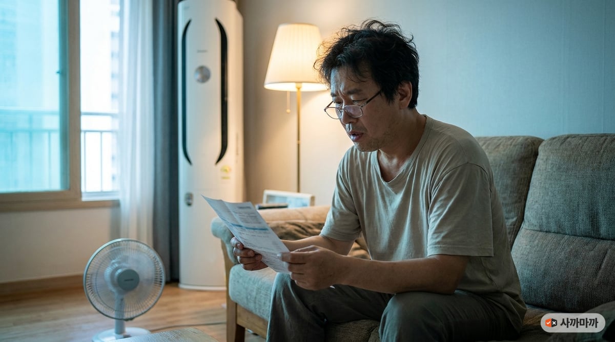 여름밤 거실에서 전기요금 고지서를 확인하는 중년 남성과 스탠드 에어컨