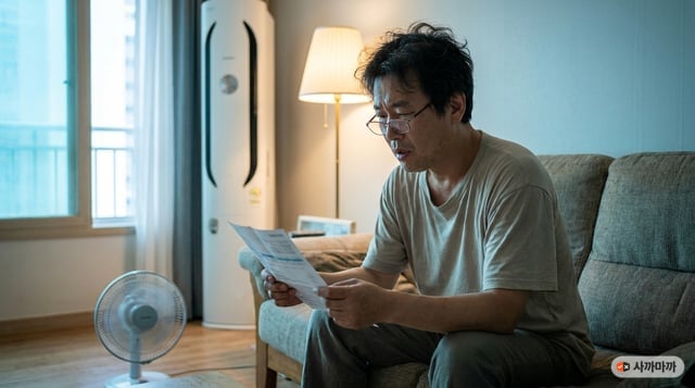 여름밤 거실에서 전기요금 고지서를 확인하는 중년 남성과 스탠드 에어컨