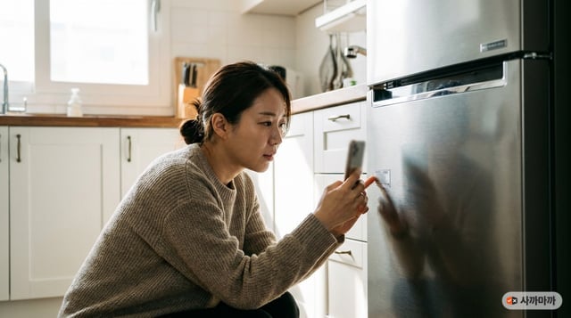 냉장고 옆면의 모델명 스티커를 스마트폰으로 확인하는 여성