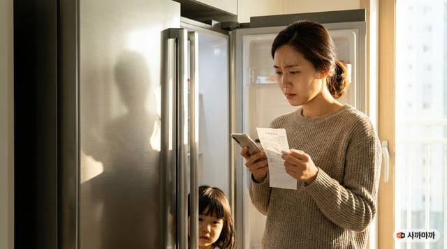 새 냉장고 앞에서 영수증과 스마트폰으로 환급을 확인하는 엄마와 아이