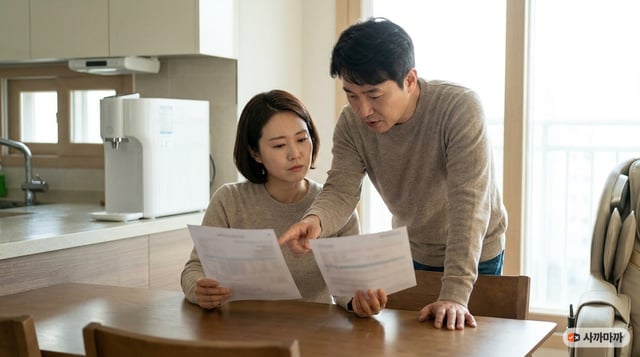 렌탈 견적서와 구매 견적서를 나란히 비교하는 부부