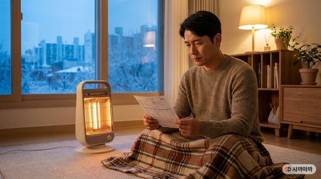 겨울 저녁 거실에서 전기히터를 켜둔 채 전기요금 고지서를 확인하는 40대 남성