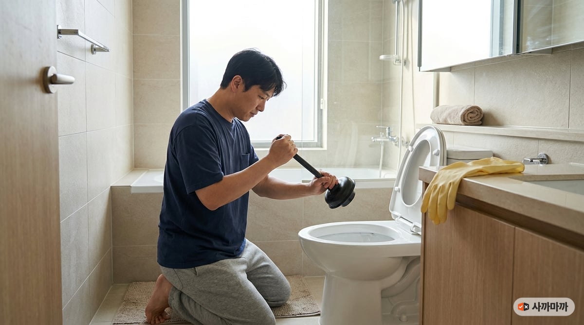 밝은 한국 아파트 욕실에서 변기용 뚫어뻥으로 변기를 뚫는 장면