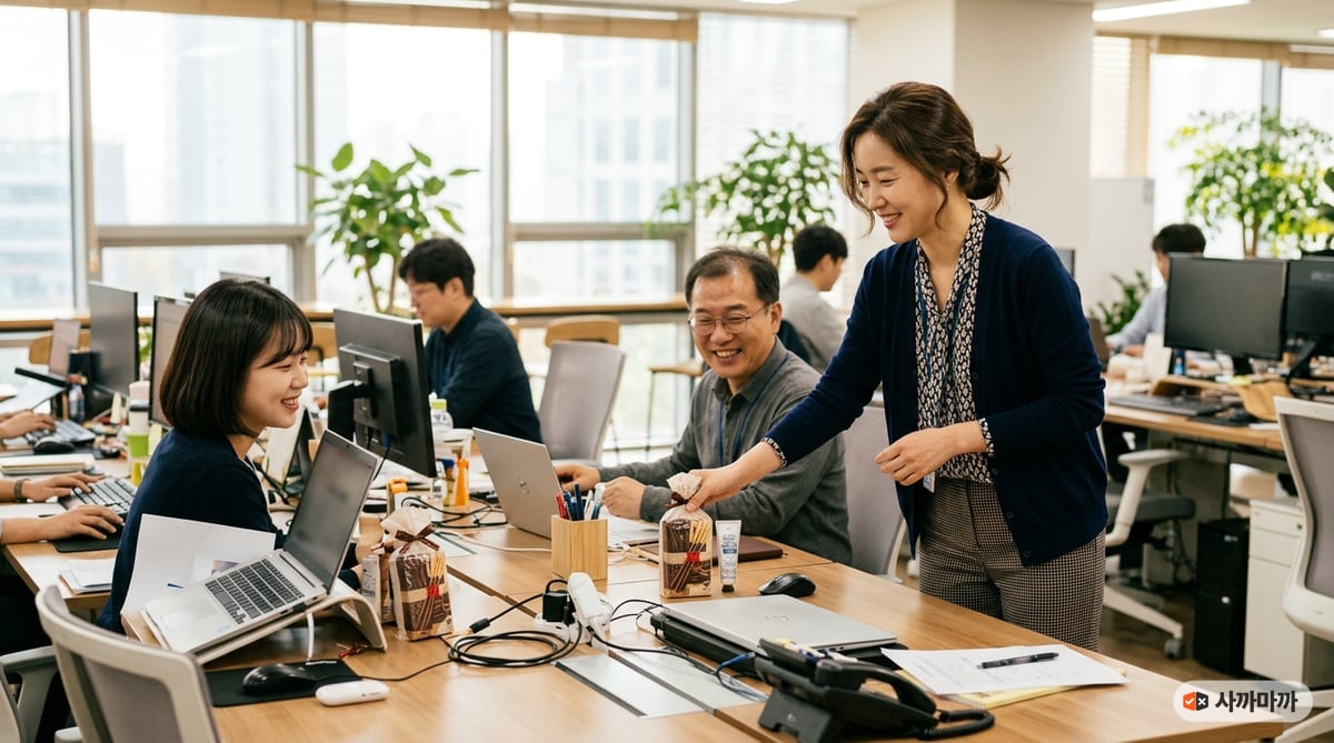 사무실에서 팀장이 팀원들 책상마다 같은 빼빼로 꾸러미를 하나씩 놓아 주는 장면