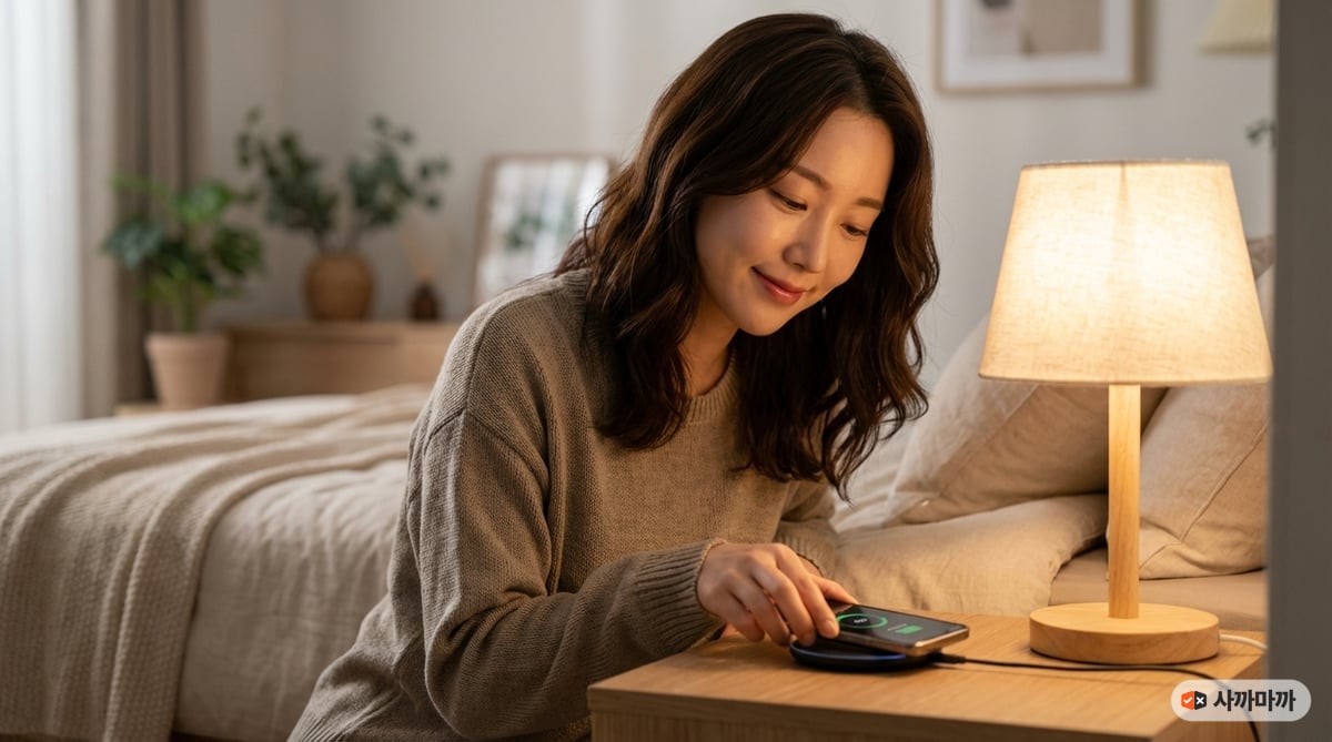 침실 사이드 테이블에서 스마트폰을 무선충전 패드에 올려놓는 한국인 여성