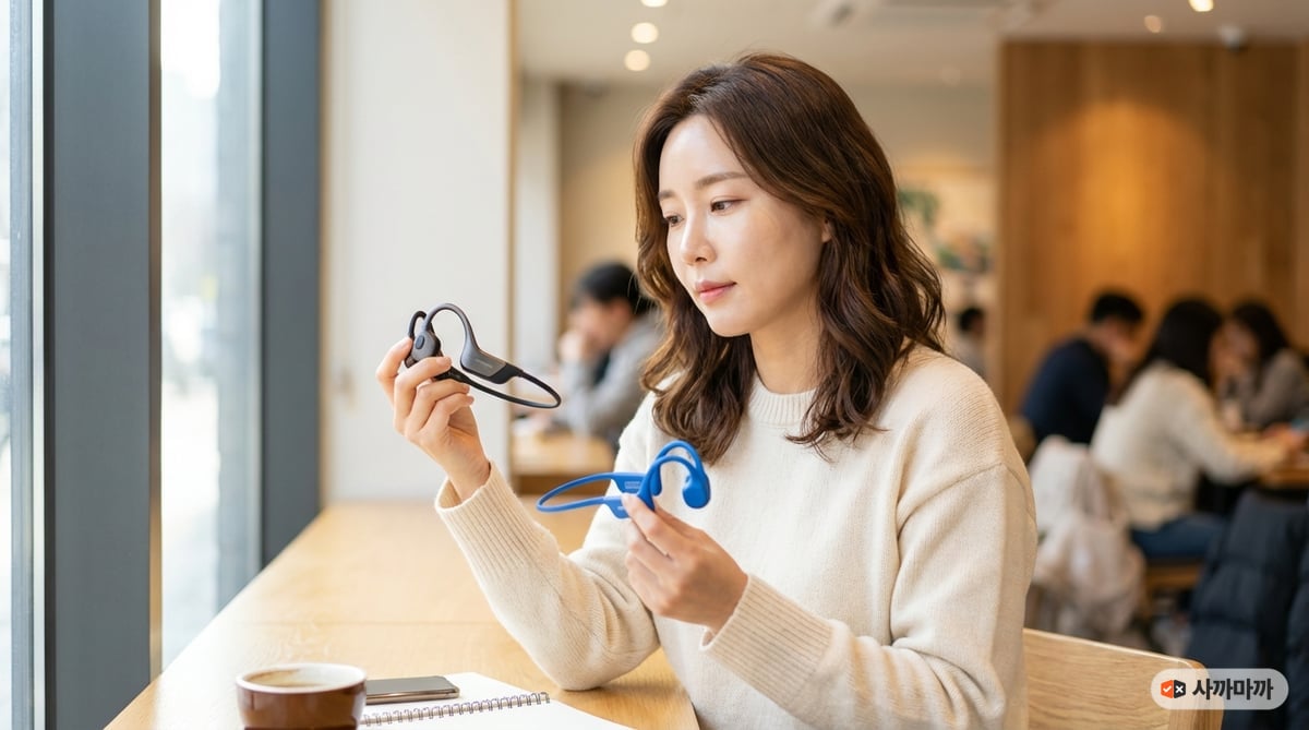 카페에서 골전도 이어폰 두 개를 비교하는 한국인 여성