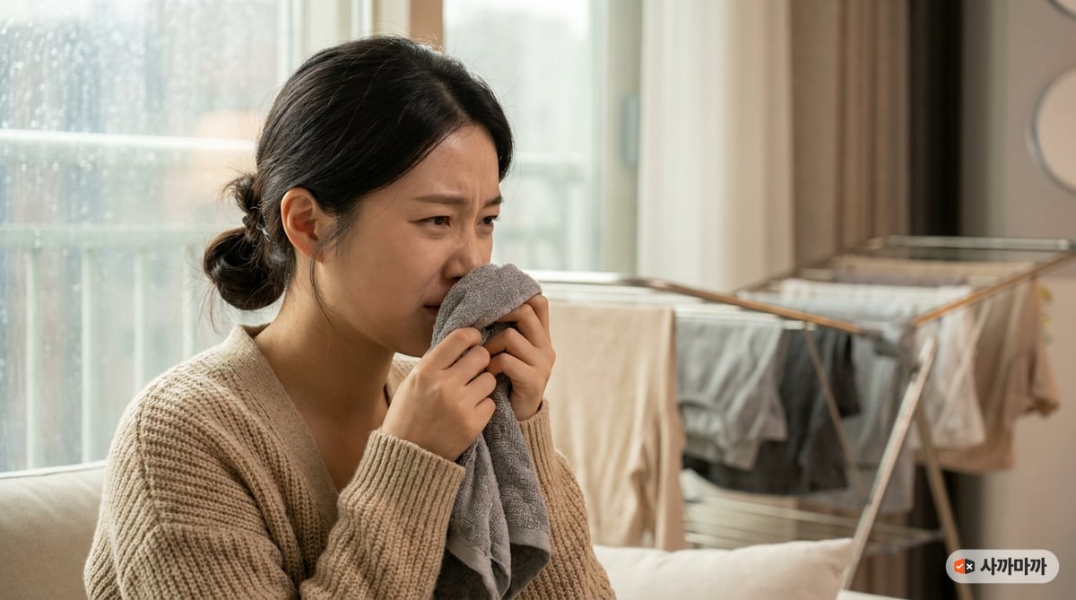 비 오는 날 실내 건조대 앞에서 덜 마른 수건 냄새를 맡으며 얼굴을 찌푸리는 20대 한국인 여성