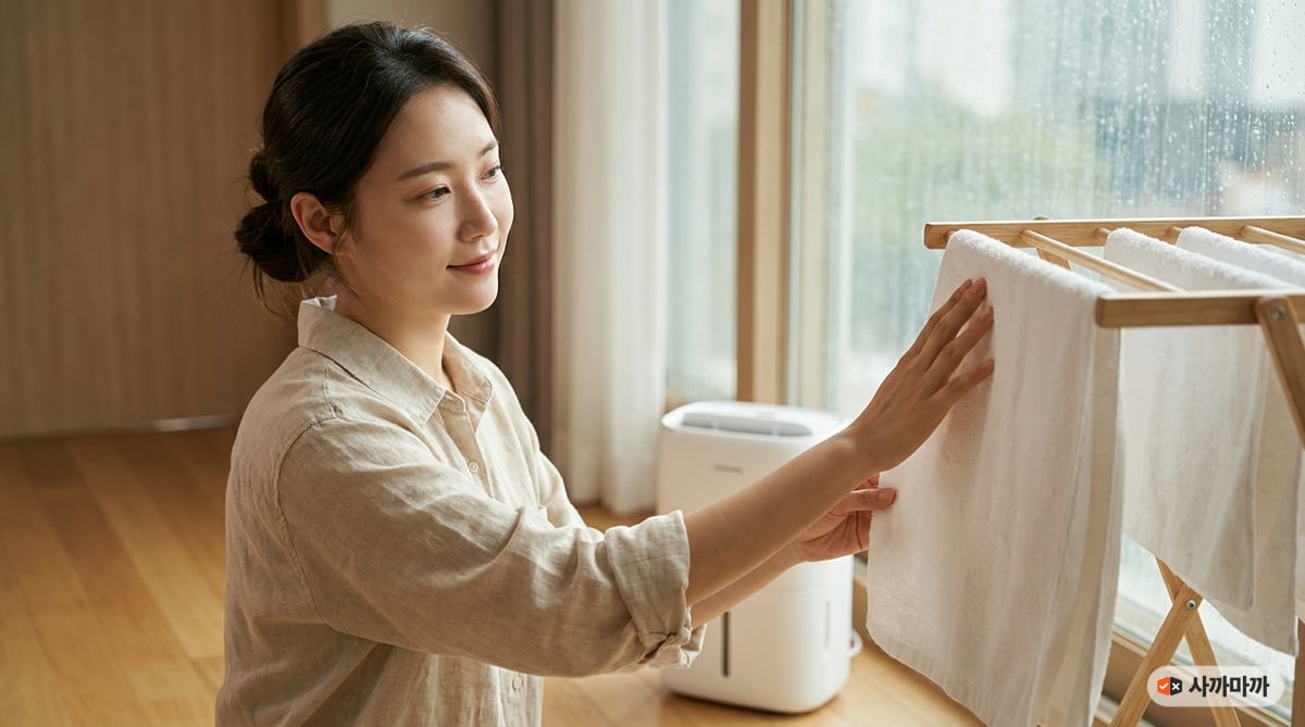 비 오는 날 제습기 옆 실내 건조대에 수건을 널며 마른 수건을 확인하는 20대 한국인 여성