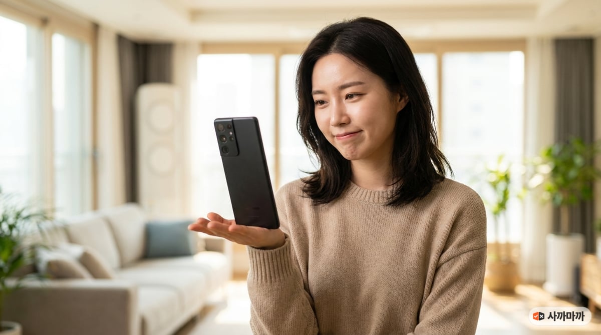 밝은 거실에서 대화면 스마트폰을 손바닥에 올려 무게를 가늠하는 20대 한국인 여성