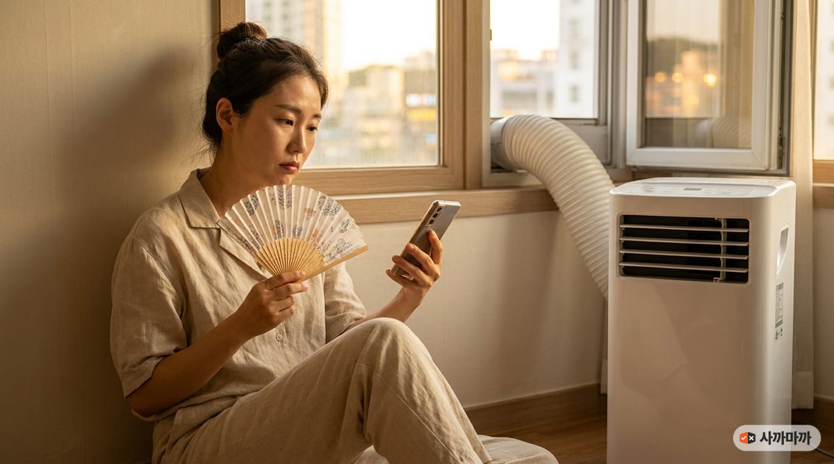 열대야 원룸에서 이동식 에어컨 배기 호스를 창에 걸어두고 스마트폰으로 창문형 에어컨과 비교 검색하는 한국인 여성