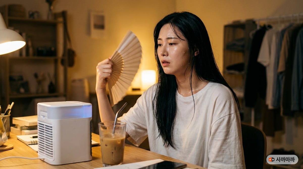습한 여름 밤 원룸 책상에서 미니 냉풍기를 켜두고도 부채질을 하는 한국인 여성