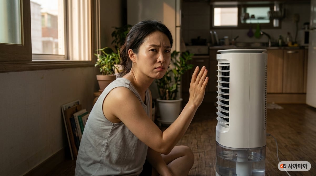 여름 원룸에서 냉풍기 바람에 손을 대보며 효과를 의심하는 표정의 한국인 여성