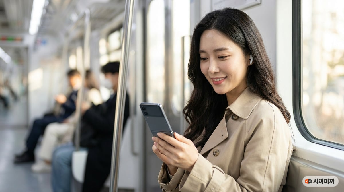 지하철에서 폴더블 스마트폰으로 영상을 보는 한국인 여성