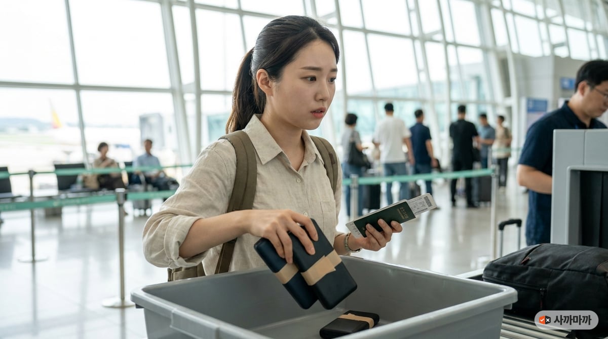 공항 보안검색대에서 단자를 절연 처리한 보조배터리 두 개를 트레이에 올리는 한국인 여성