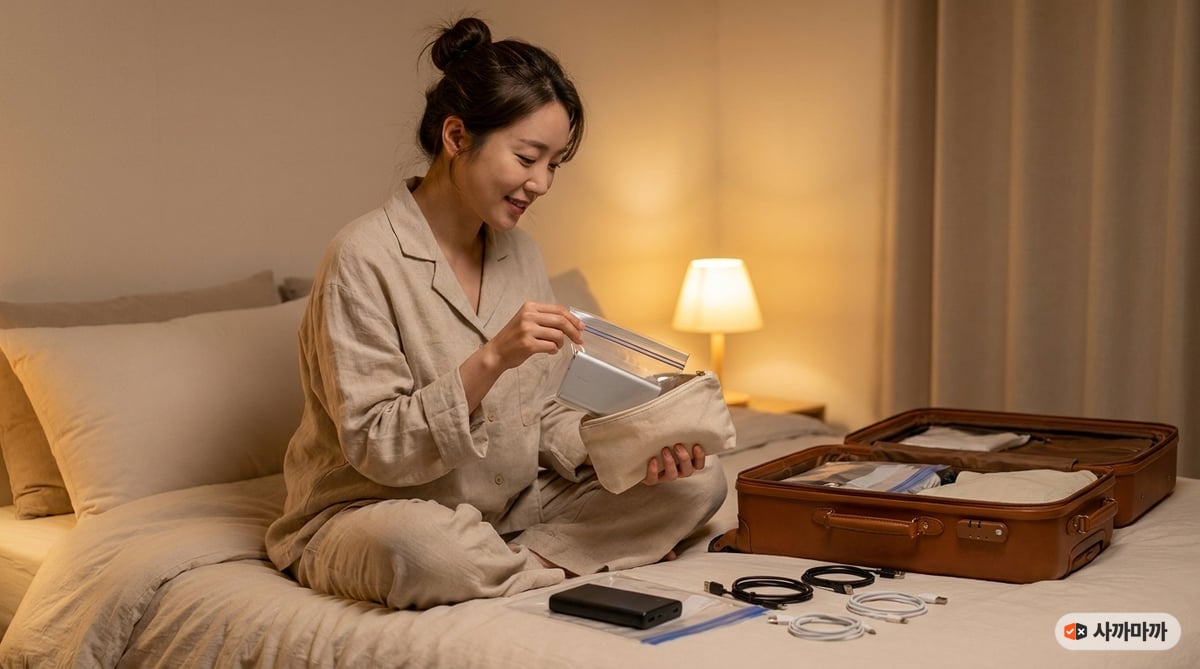 여행 전날 침대에서 보조배터리를 지퍼백에 하나씩 나눠 담으며 짐을 싸는 한국인 여성